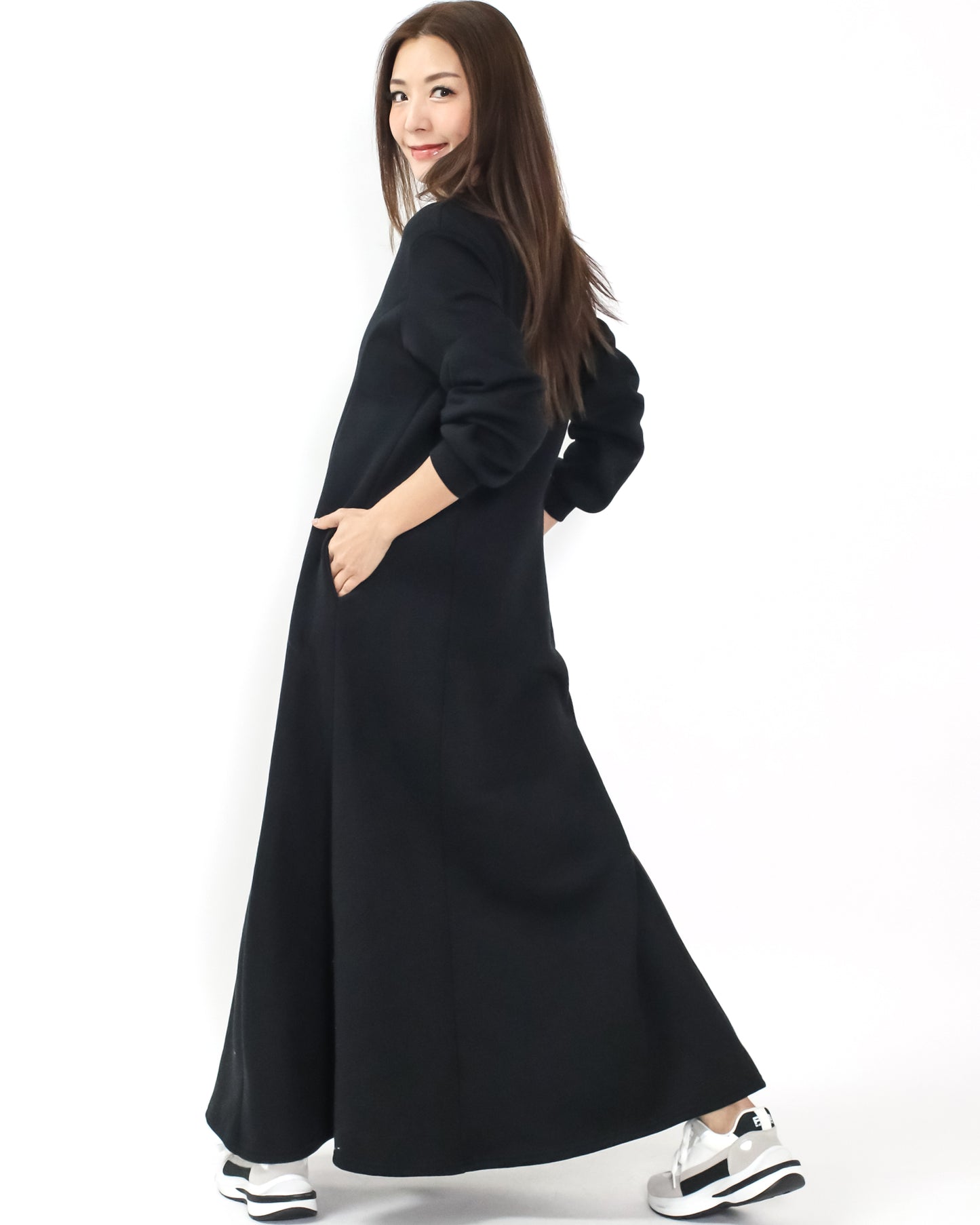 black flare fleece sweat longline dress