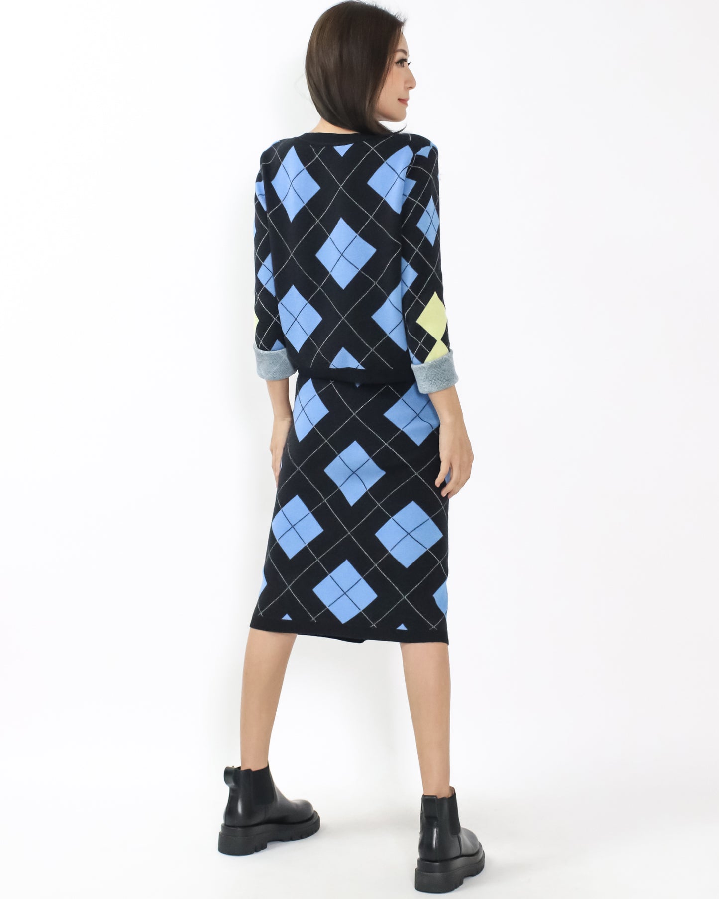 black blue & yellow checkers knitted cardigan & skirt set *pre-order*