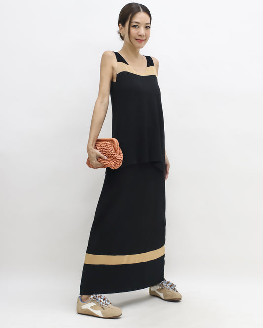 black & beige panel vest & longline fine knitted skirt set