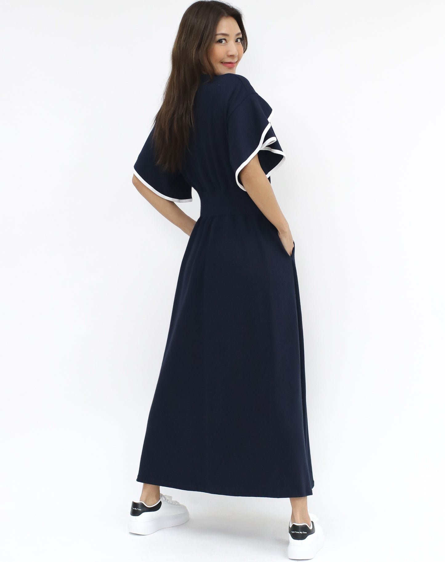 navy & ivory trim ruffles layers sleeves longline dress *pre-order*