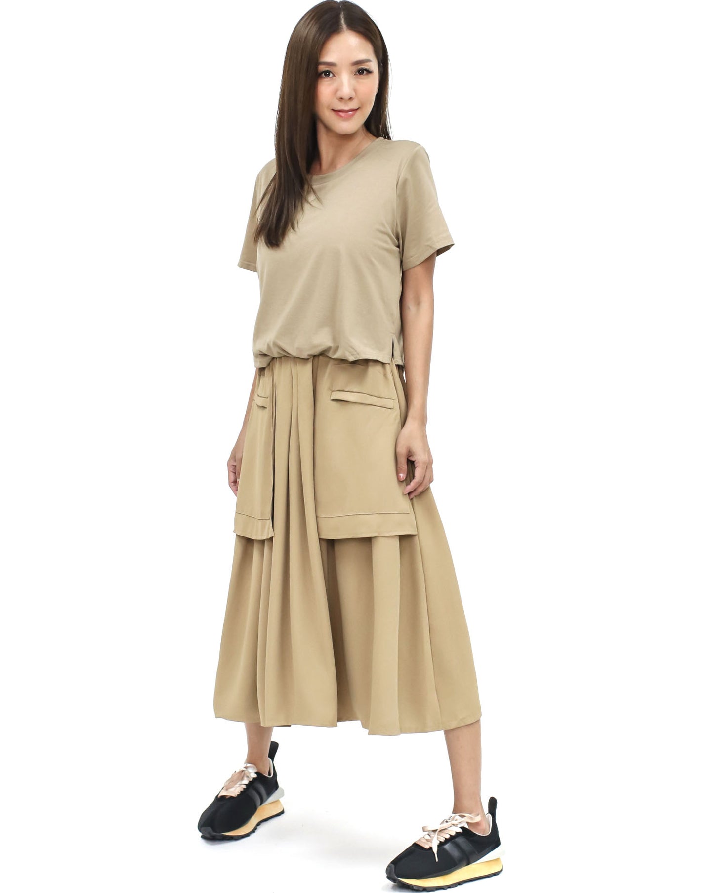 beige tee & shirt pockets flare midi dress *pre-order*