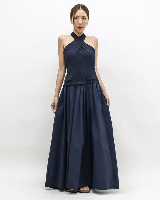 navy halter neck flare shirt longline dress