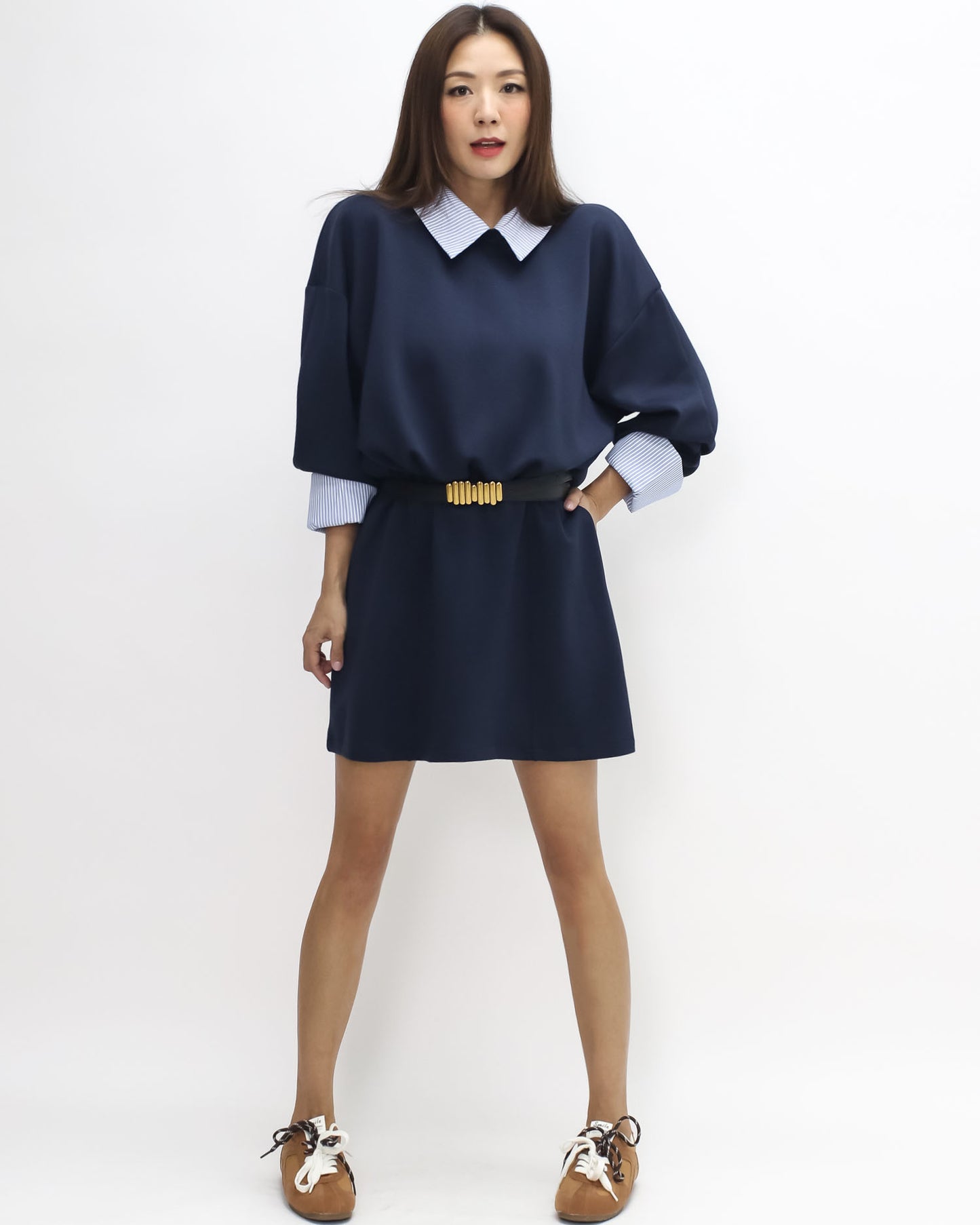 navy neoprene with blue stripes shirt collar & cuffs dress