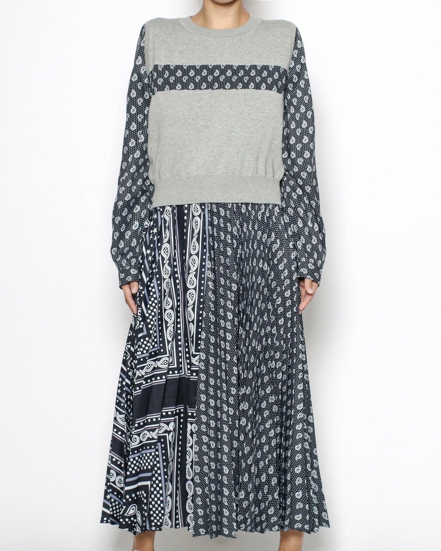 grey knitted top & navy pattern chiffon set dress *pre-order*