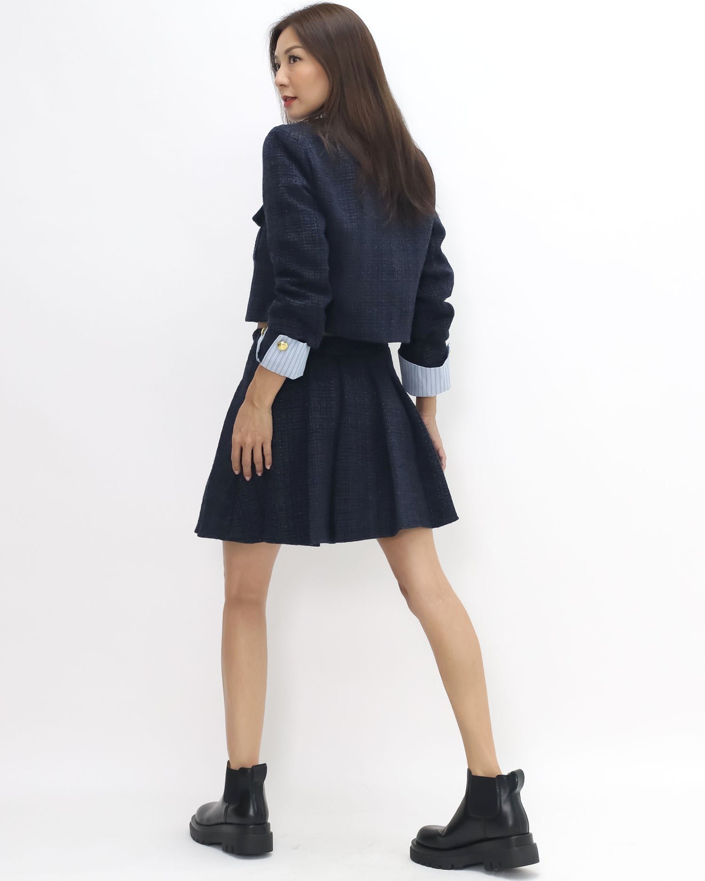 navy tweed blue stripes shirt collar & cuffs w/ pleats skirt set