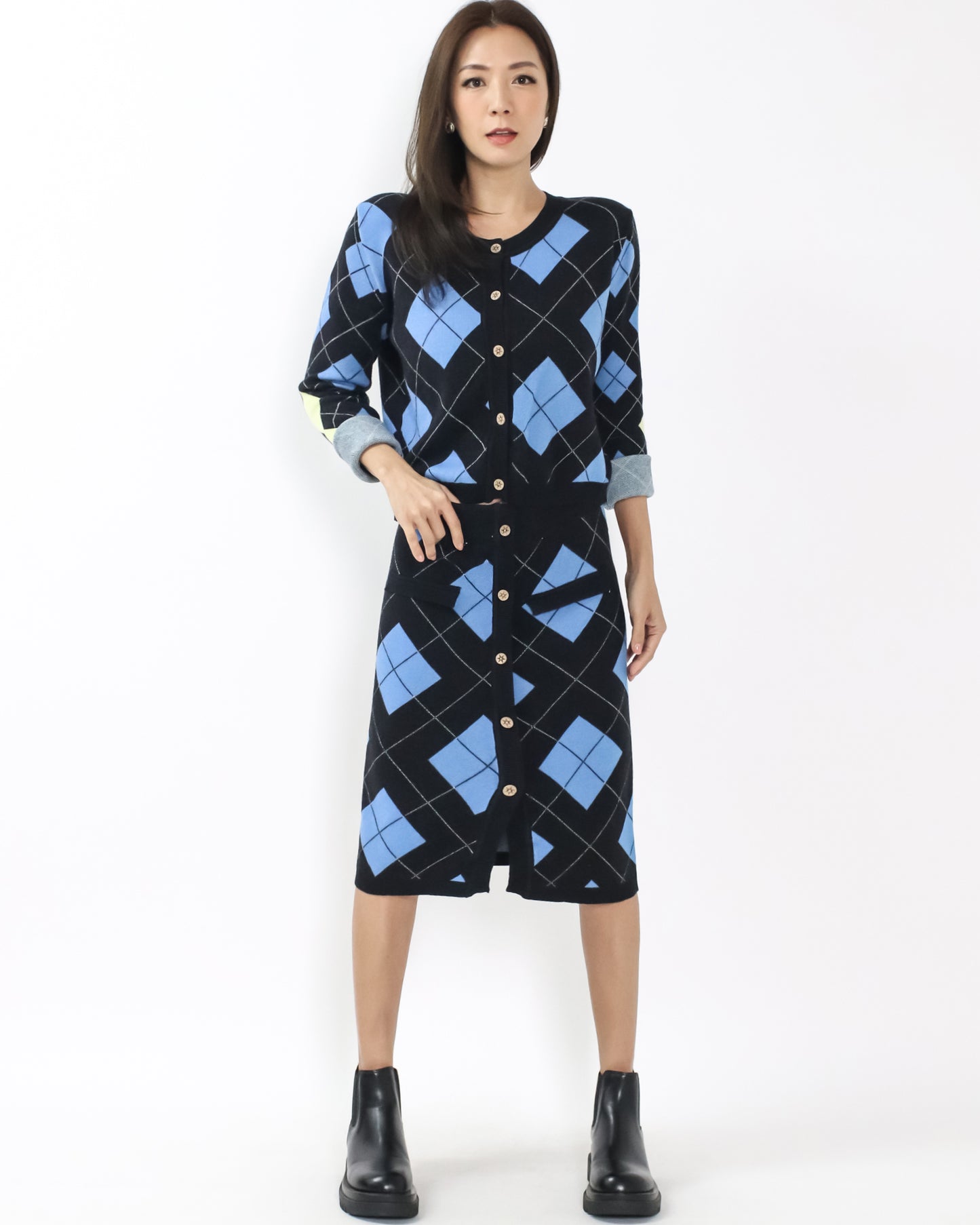 black blue & yellow checkers knitted cardigan & skirt set *pre-order*