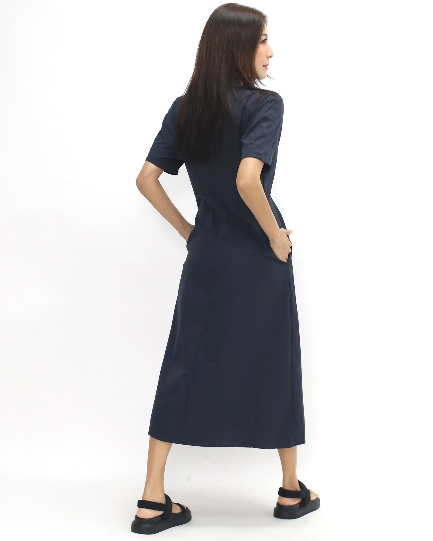 Navy zipper front shirt midi dress