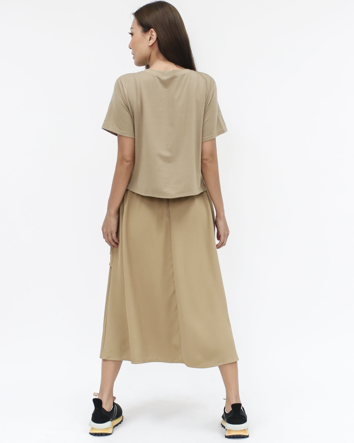 beige tee & shirt pockets flare midi dress *pre-order*