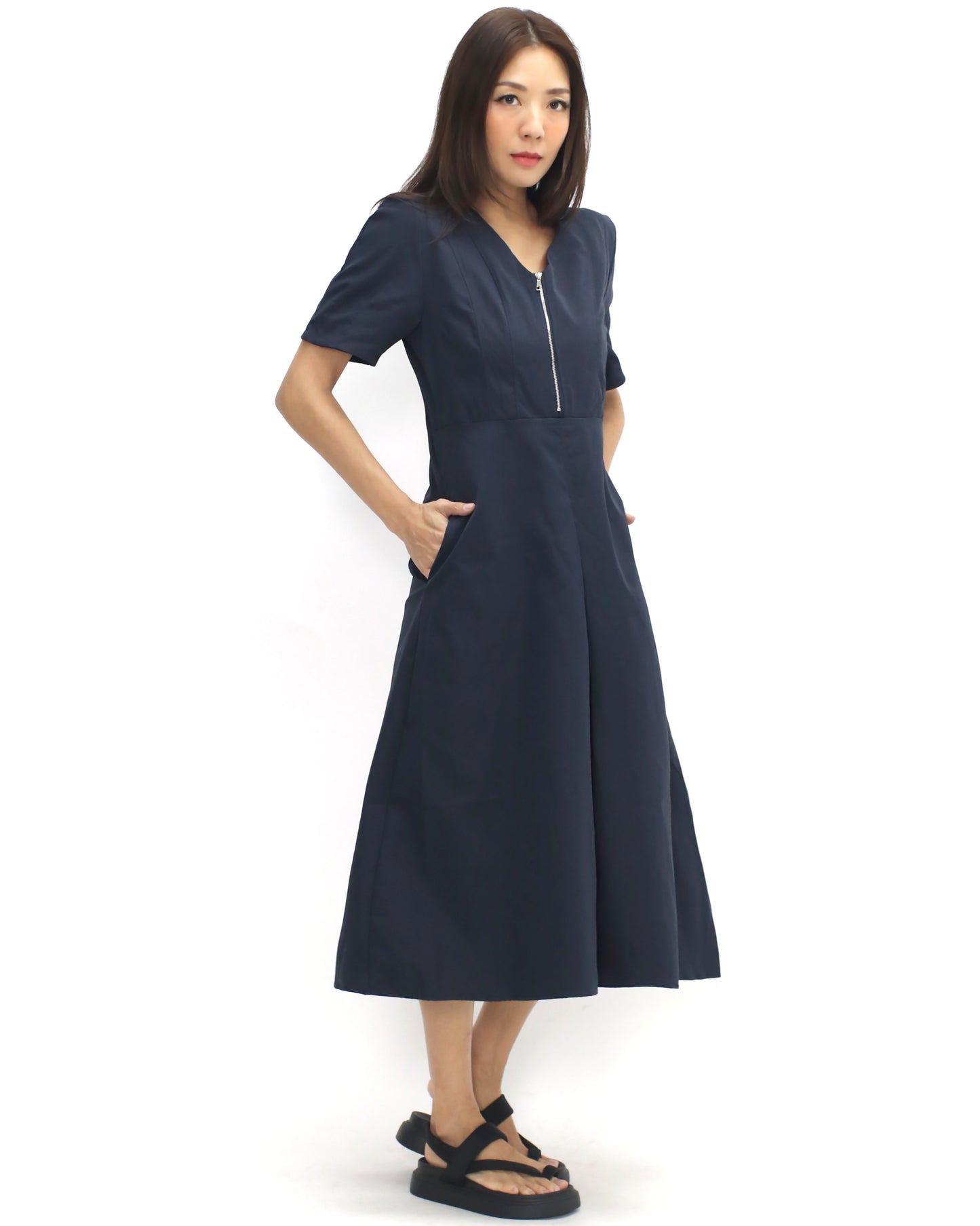 Navy zipper front shirt midi dress