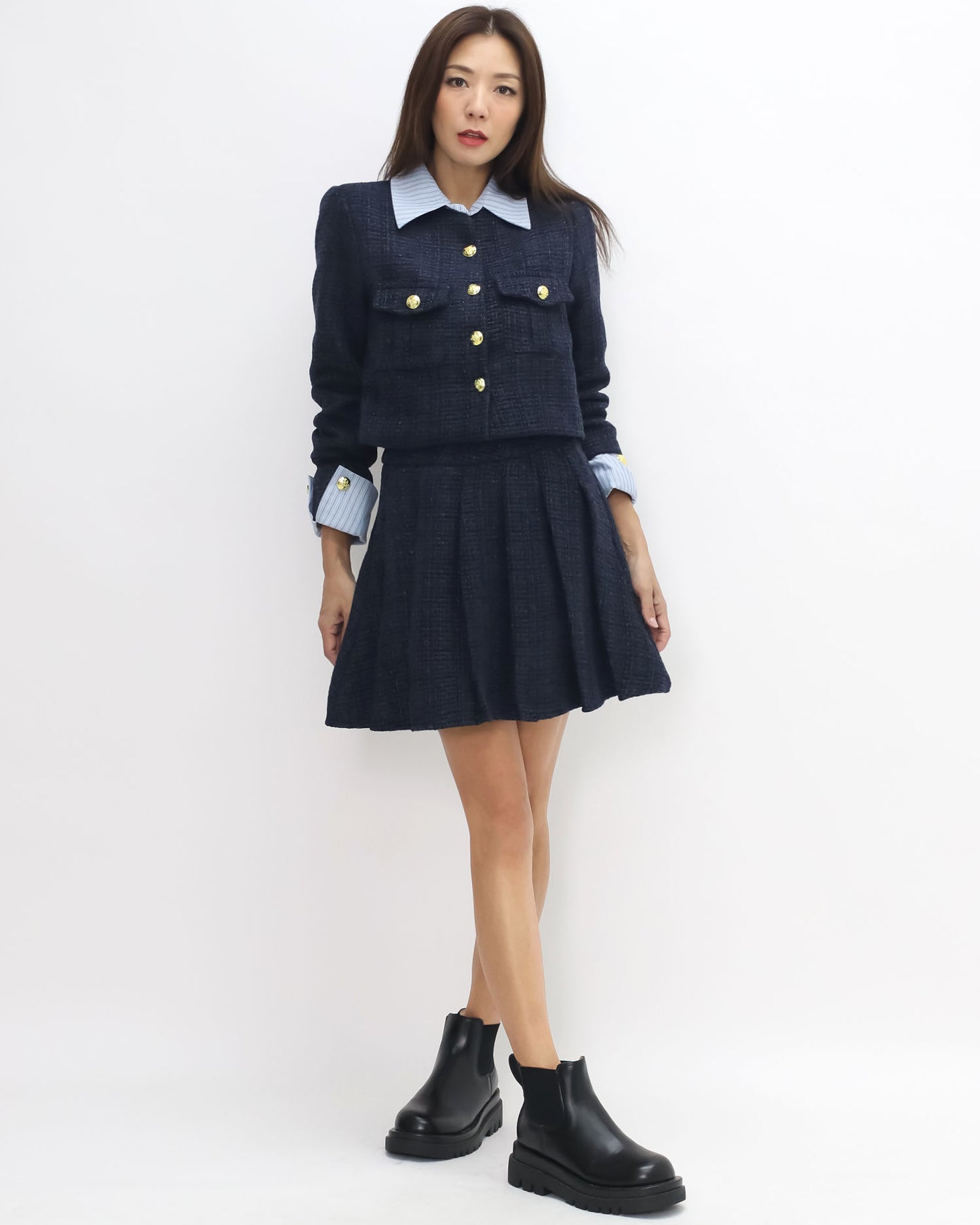 navy tweed blue stripes shirt collar & cuffs w/ pleats skirt set