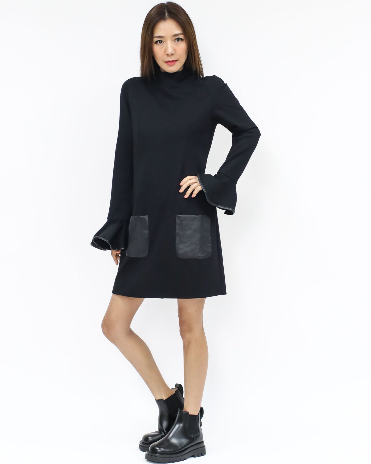 black soft neoprene w/ PU leather pocket front ruffles sleeves dress