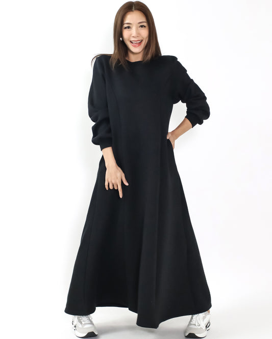 black flare fleece sweat longline dress