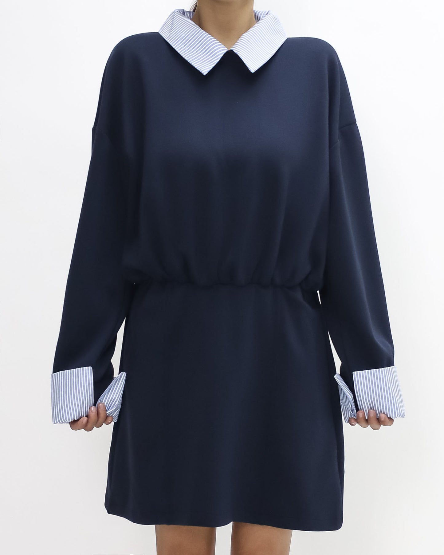 navy neoprene with blue stripes shirt collar & cuffs dress