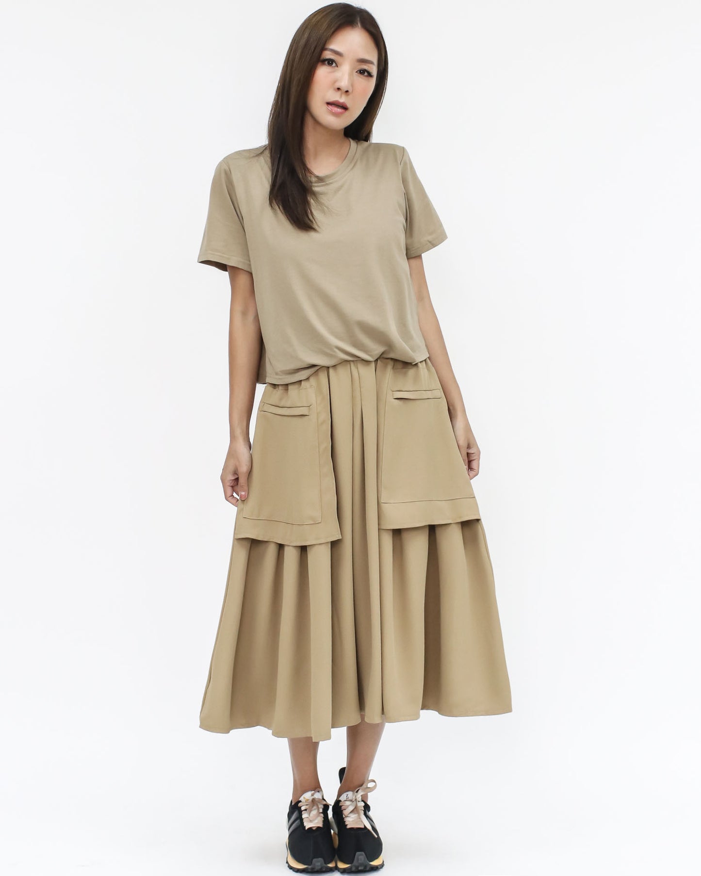 beige tee & shirt pockets flare midi dress *pre-order*