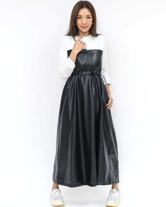 ivory tee w/ black PU leather longline dress