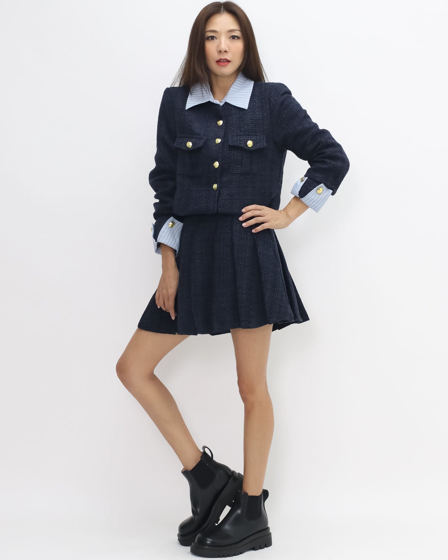 navy tweed blue stripes shirt collar & cuffs w/ pleats skirt set