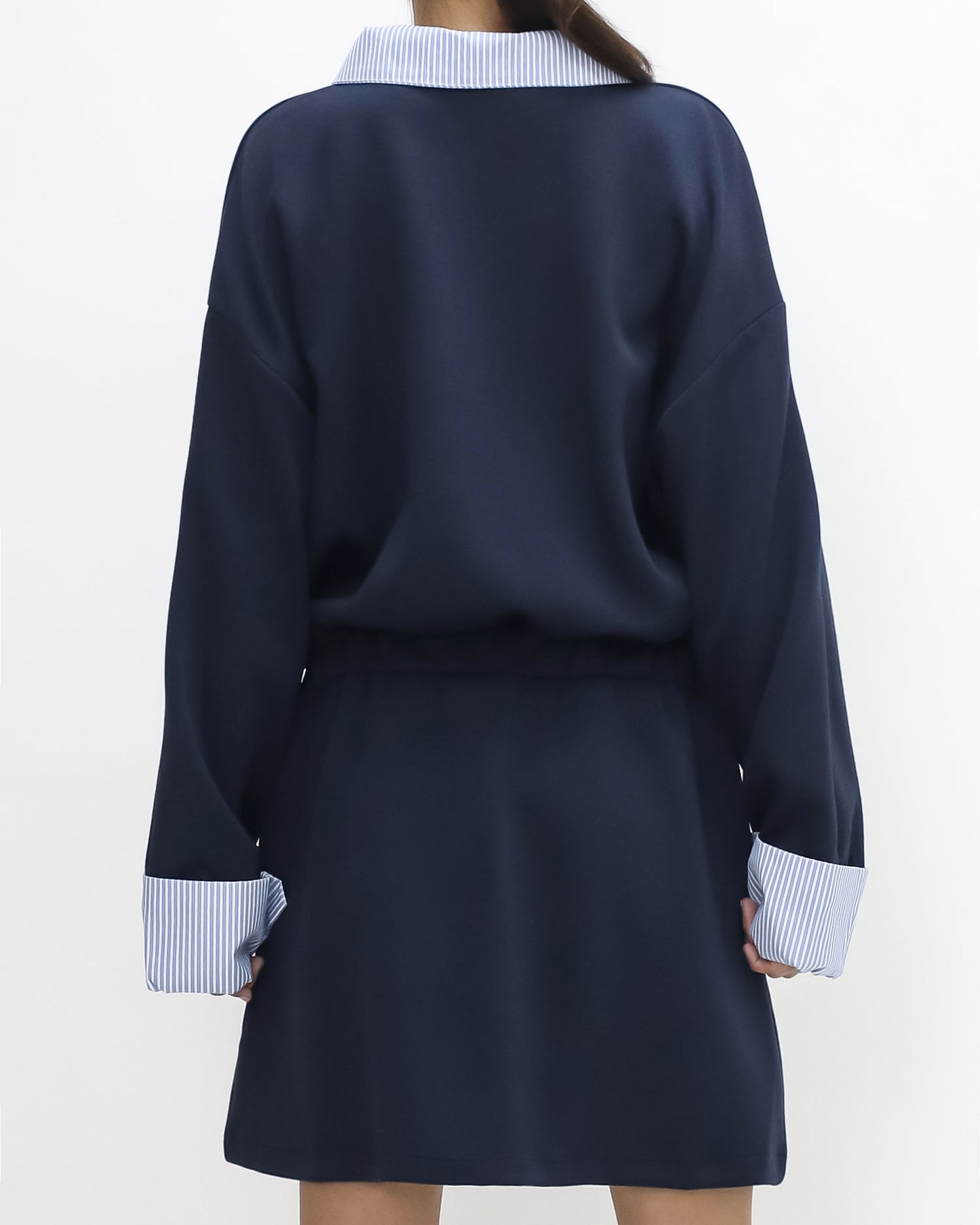 navy neoprene with blue stripes shirt collar & cuffs dress