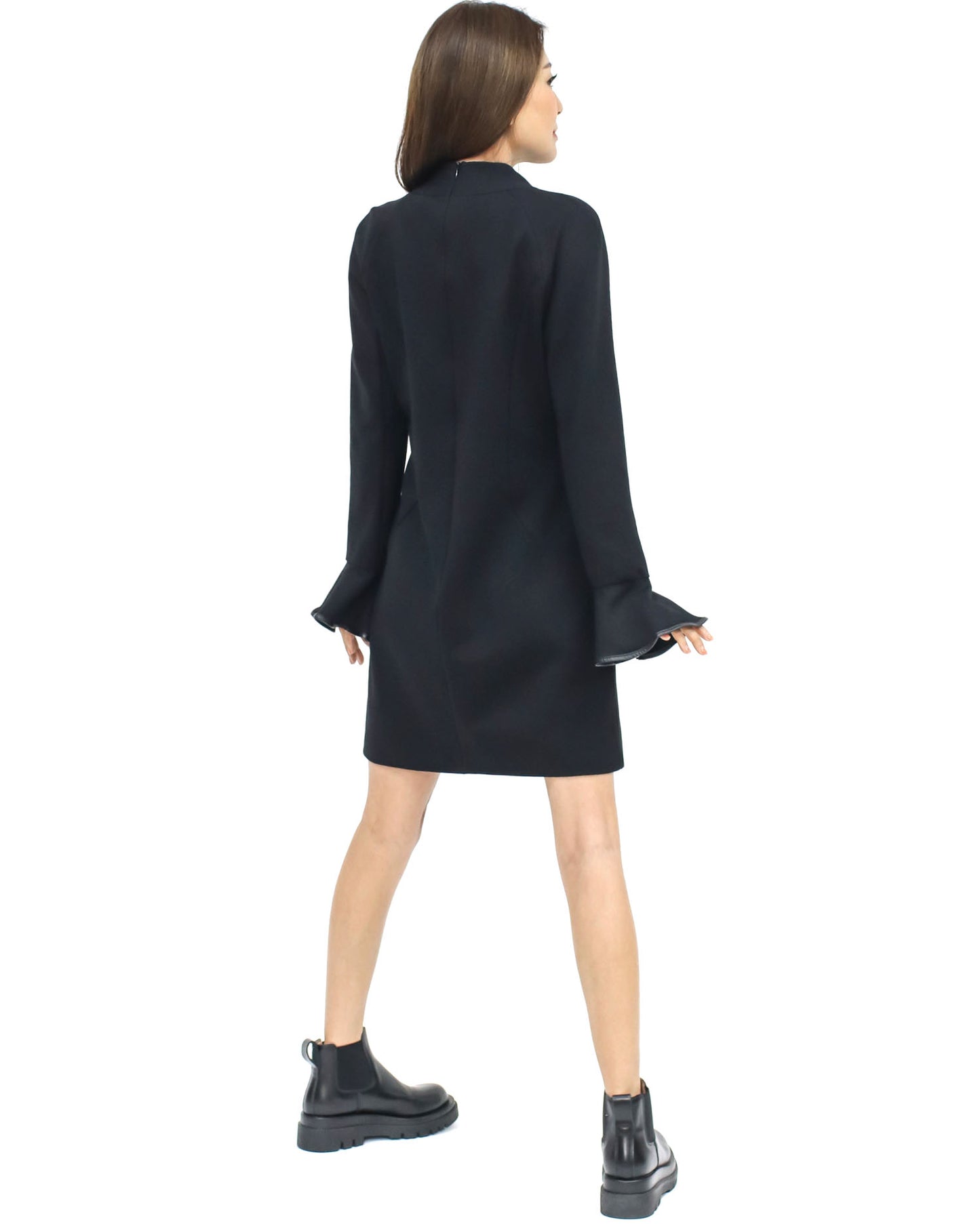 black soft neoprene w/ PU leather pocket front ruffles sleeves dress