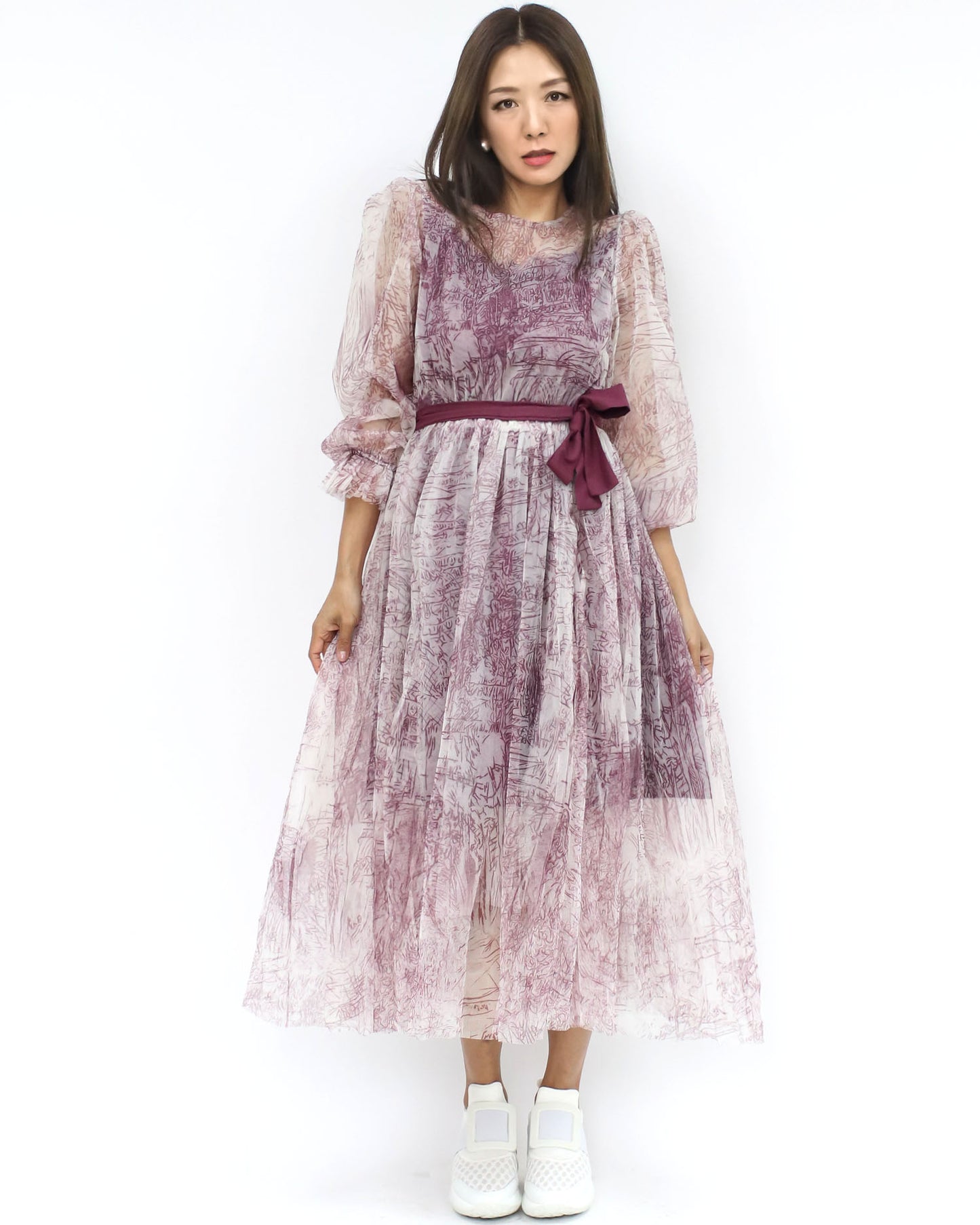 burgundy printed mesh layers dress w/ ribbon belt