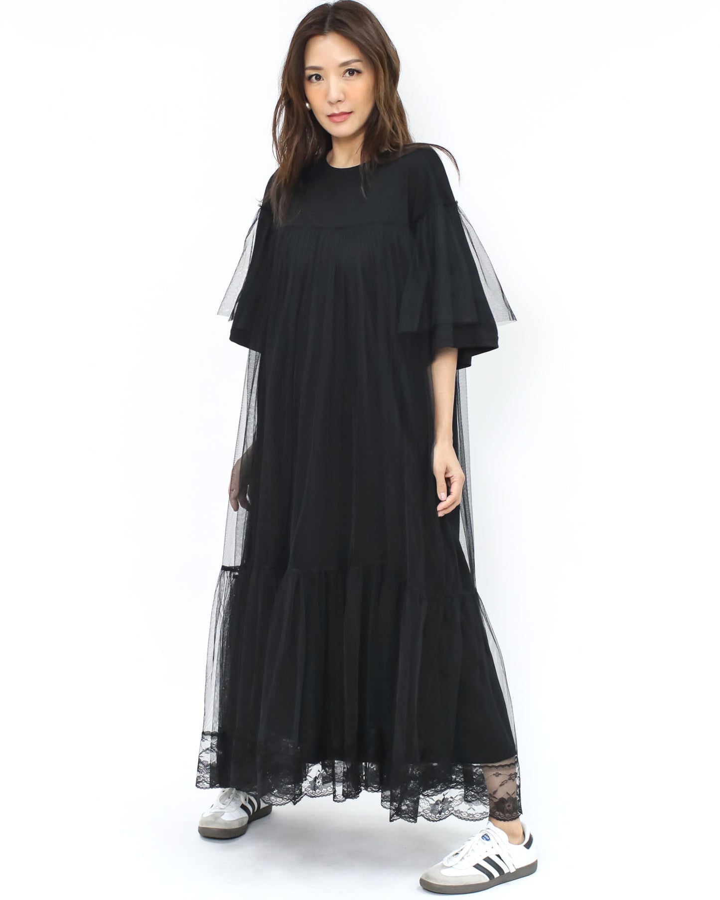 black mesh lace layer tee dress