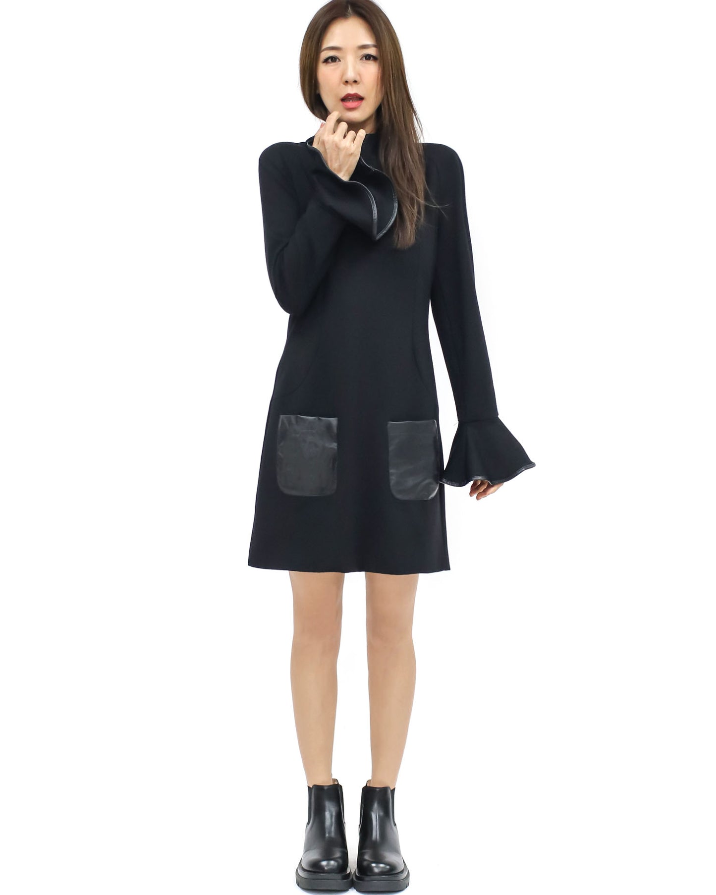 black soft neoprene w/ PU leather pocket front ruffles sleeves dress