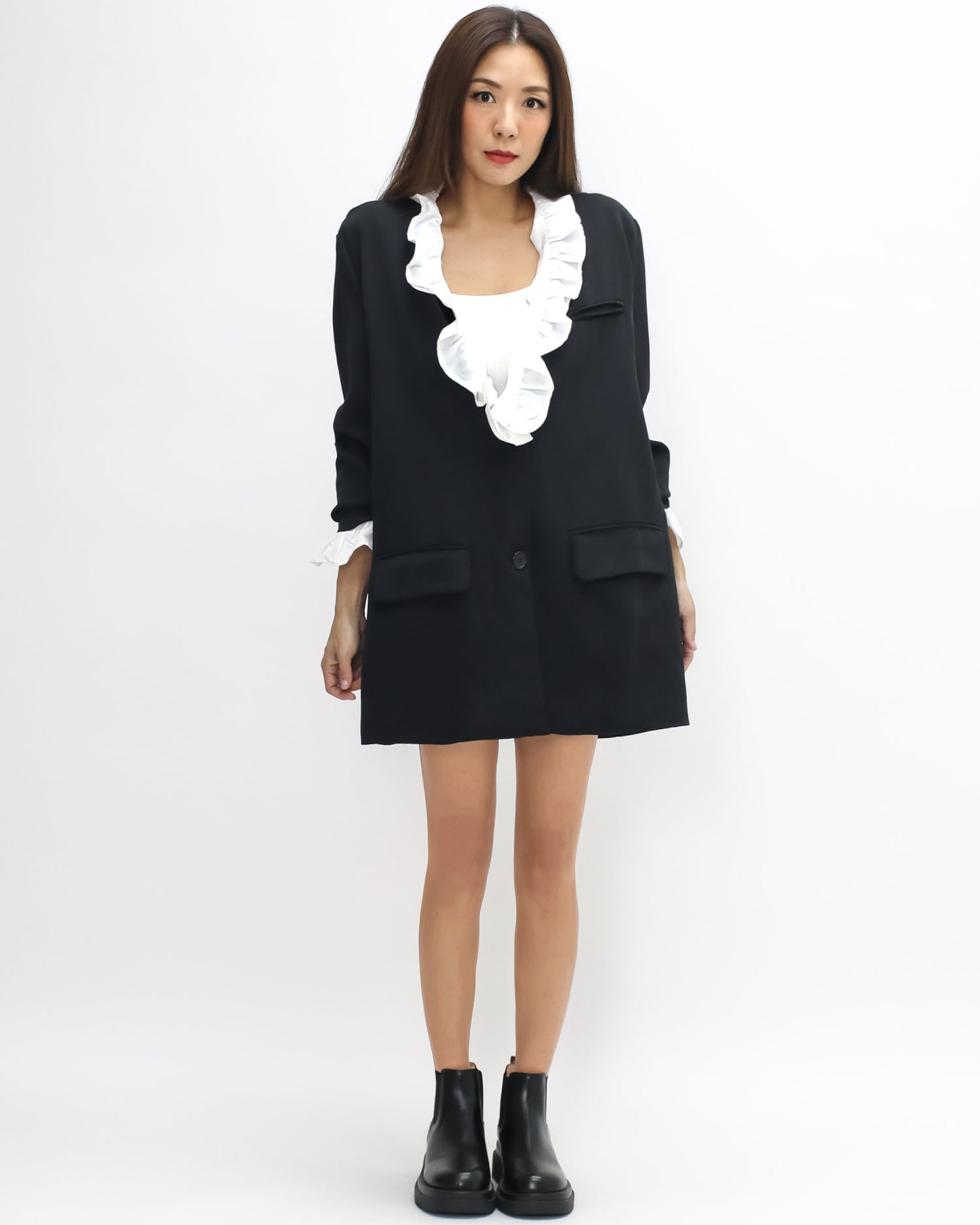 black w/ ivory shirt ruffles blazer *pre-order*