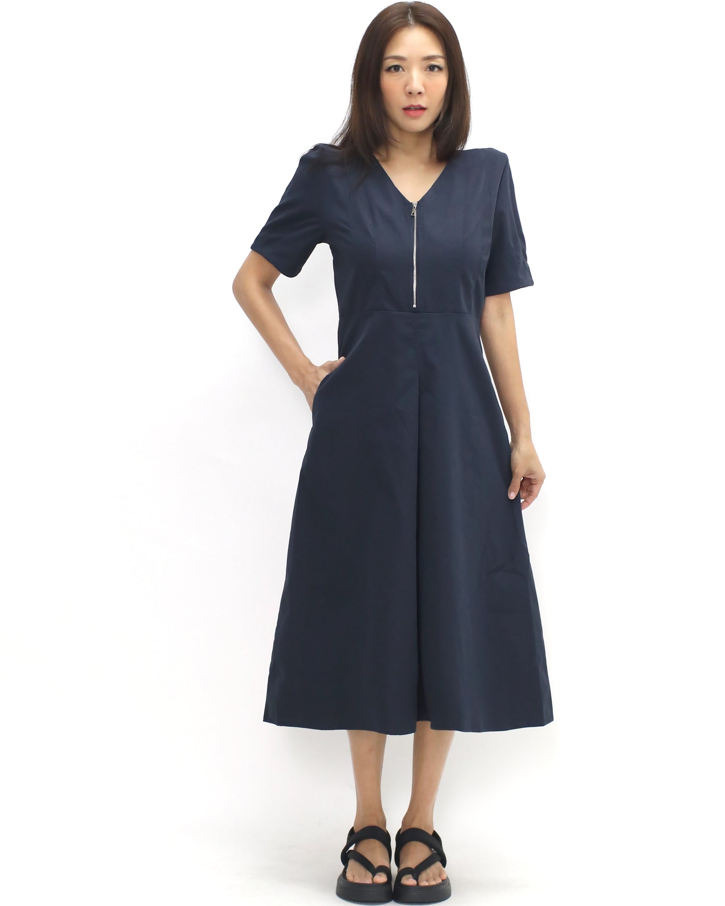 Navy zipper front shirt midi dress