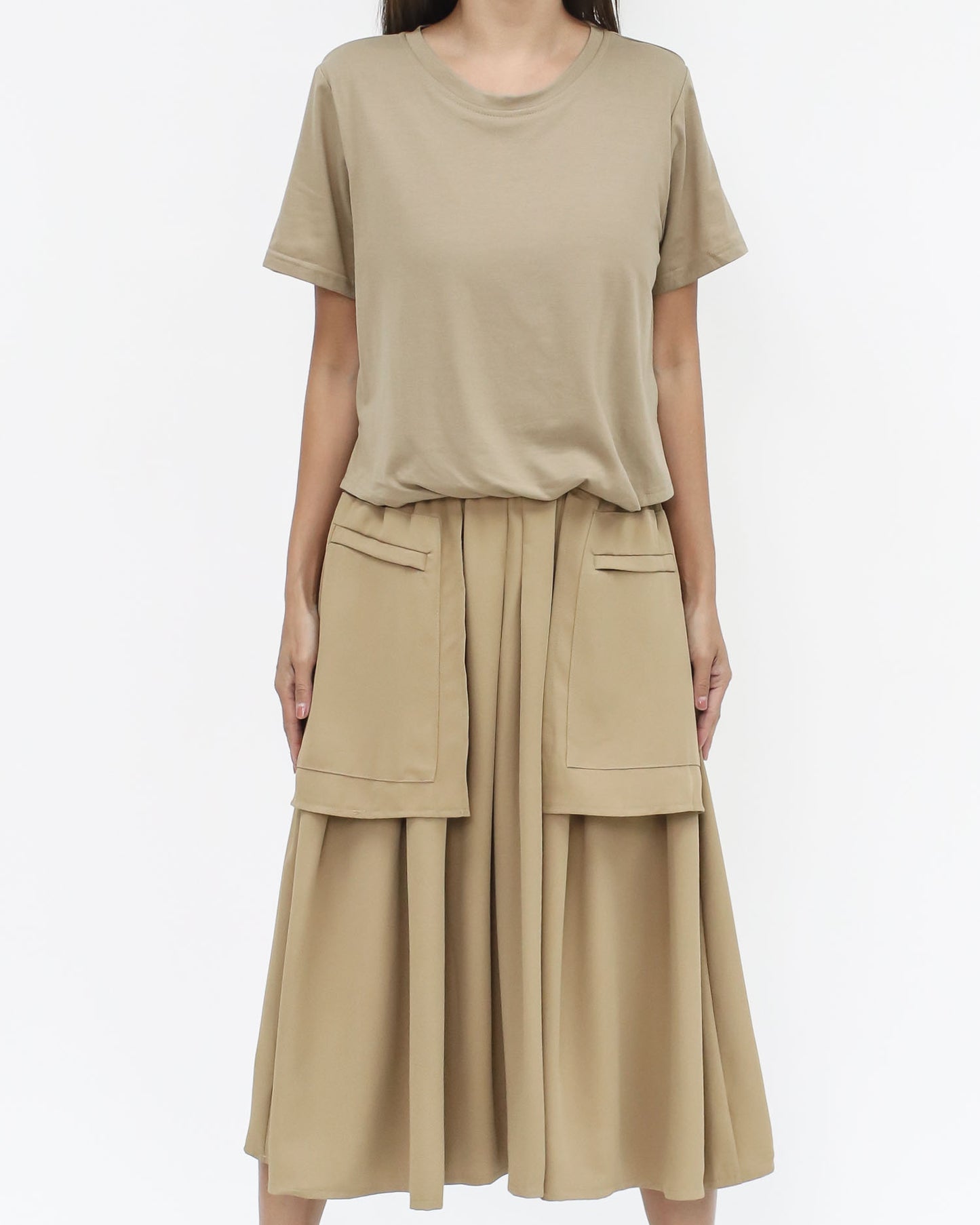 beige tee & shirt pockets flare midi dress *pre-order*