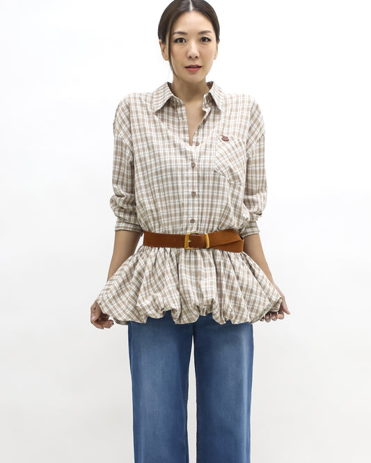 brown & ivory checker bubble hem shirt w/ belt *pre-order*