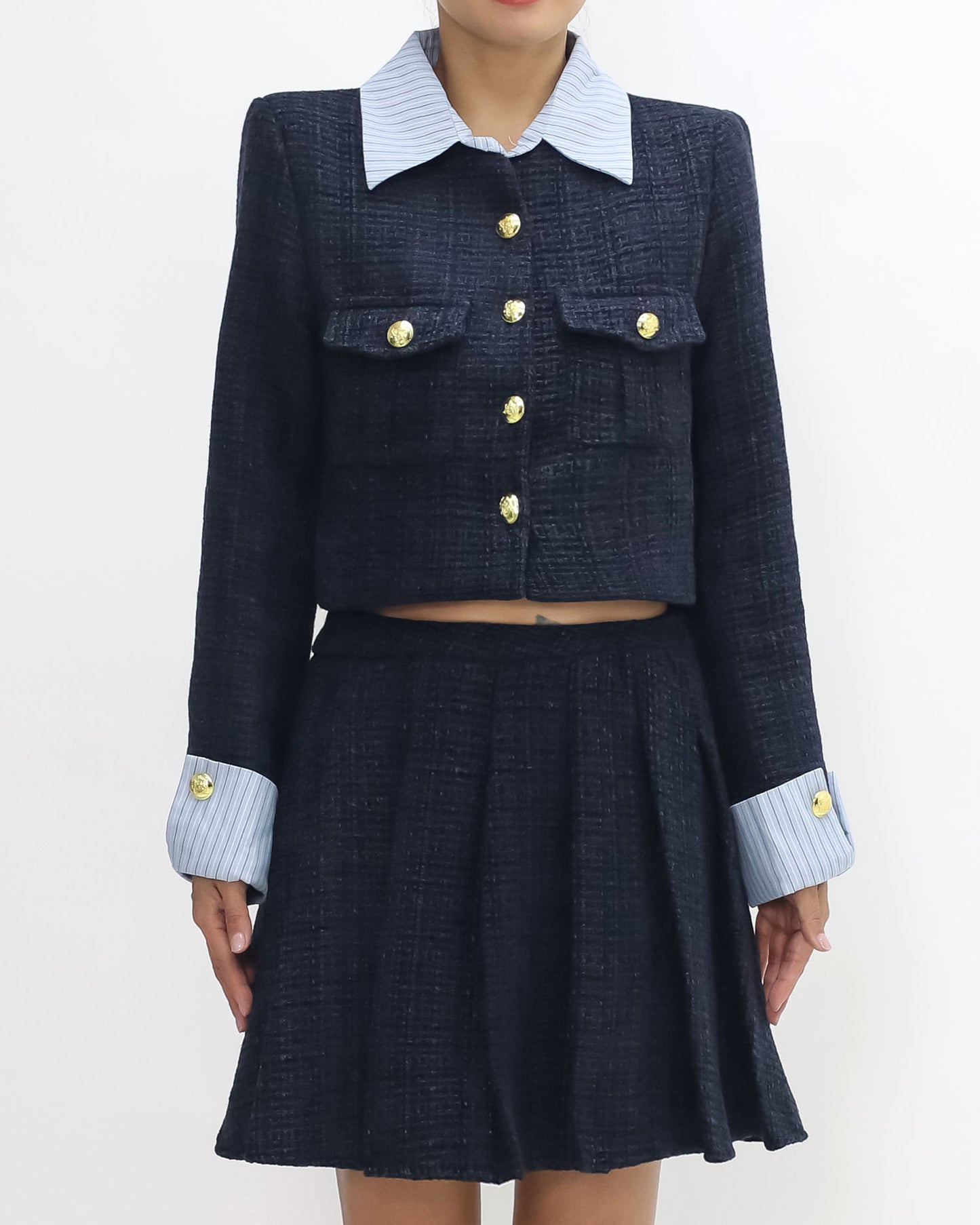 navy tweed blue stripes shirt collar & cuffs w/ pleats skirt set