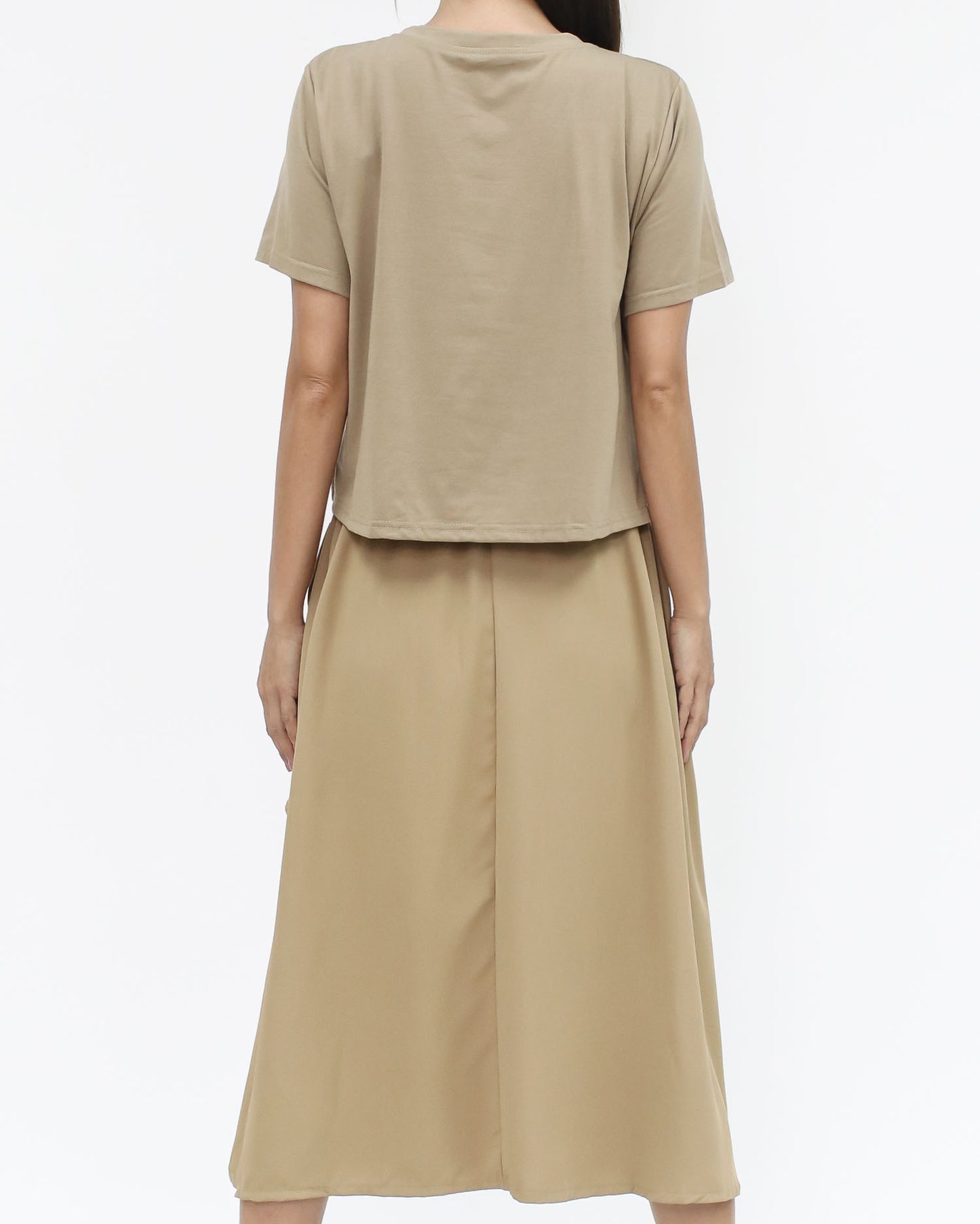 beige tee & shirt pockets flare midi dress *pre-order*