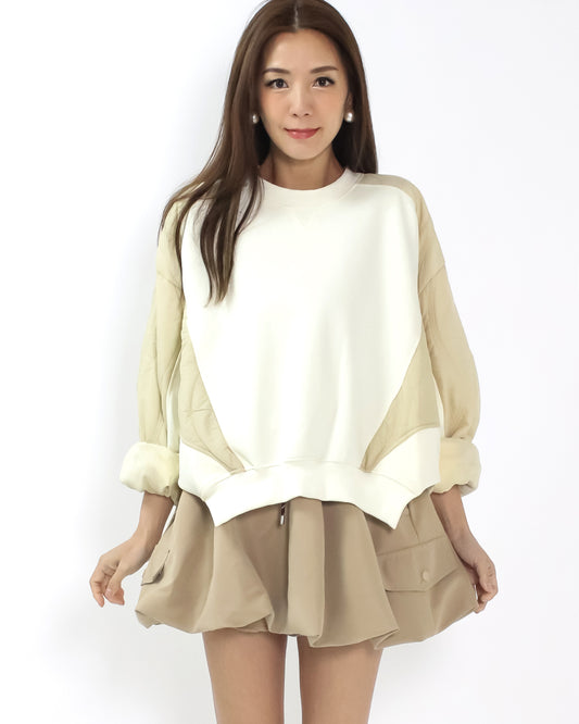 ivory w/ beige quilted asymmetric fleece sweatshirt *pre-order*