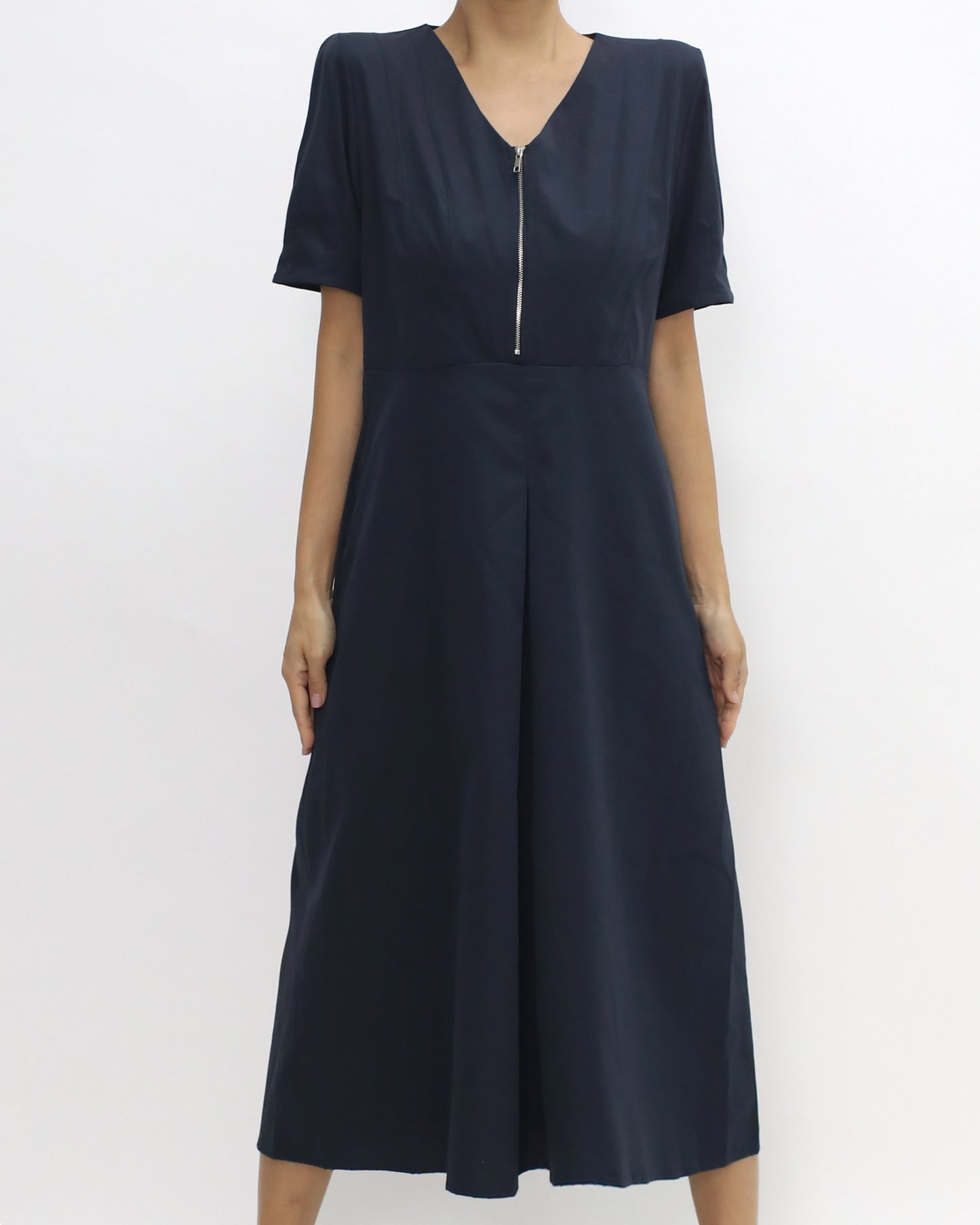 Navy zipper front shirt midi dress