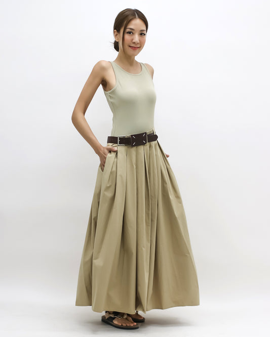 beige jersey vest & flare longline dress w/ belt