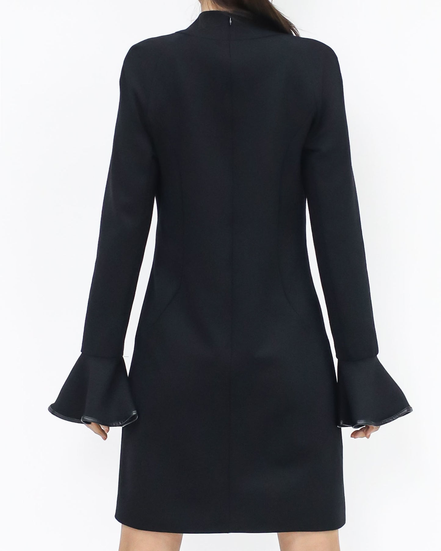 black soft neoprene w/ PU leather pocket front ruffles sleeves dress