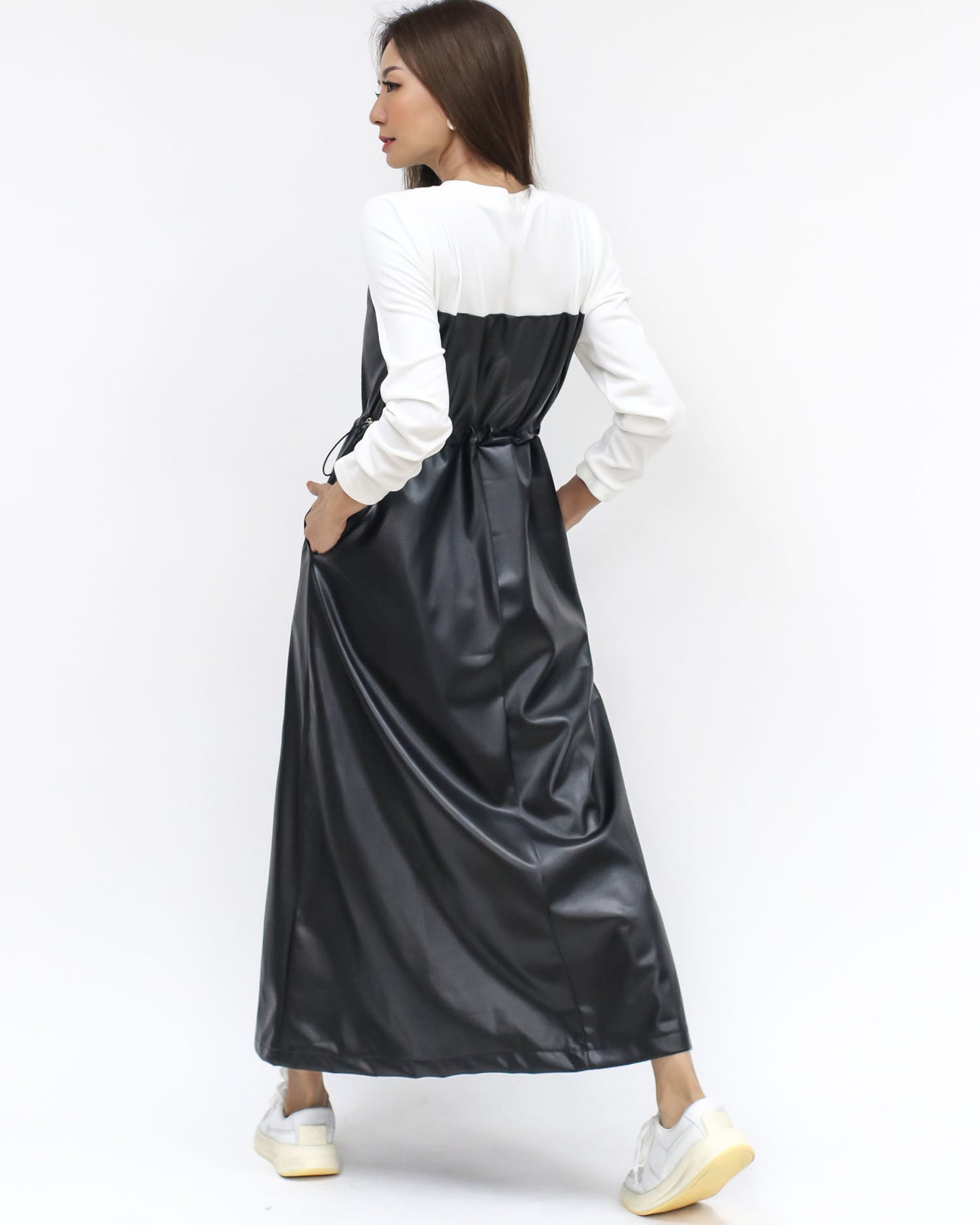 ivory tee w/ black PU leather longline dress