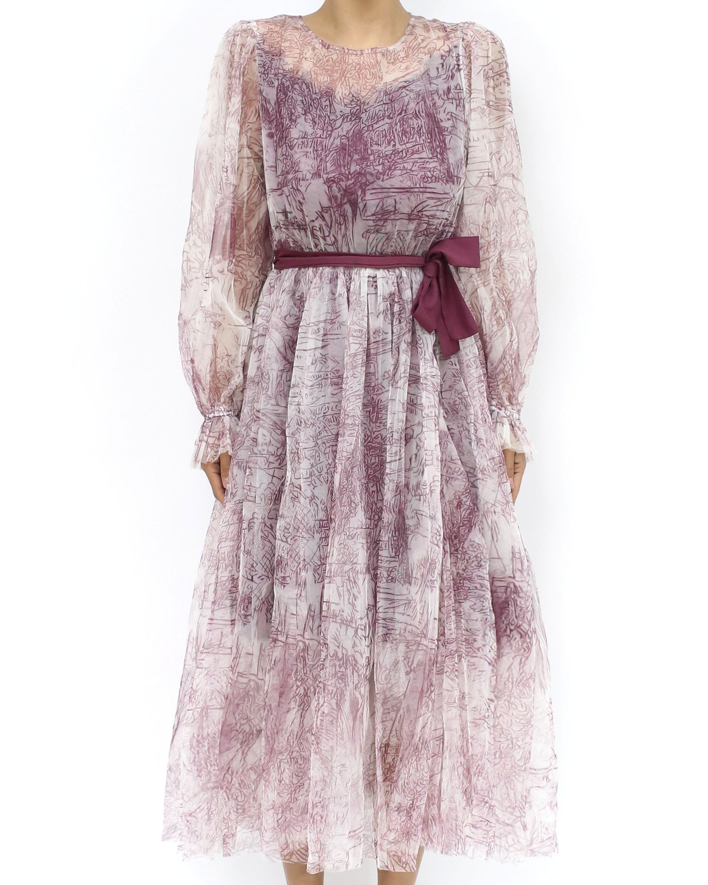 burgundy printed mesh layers dress w/ ribbon belt