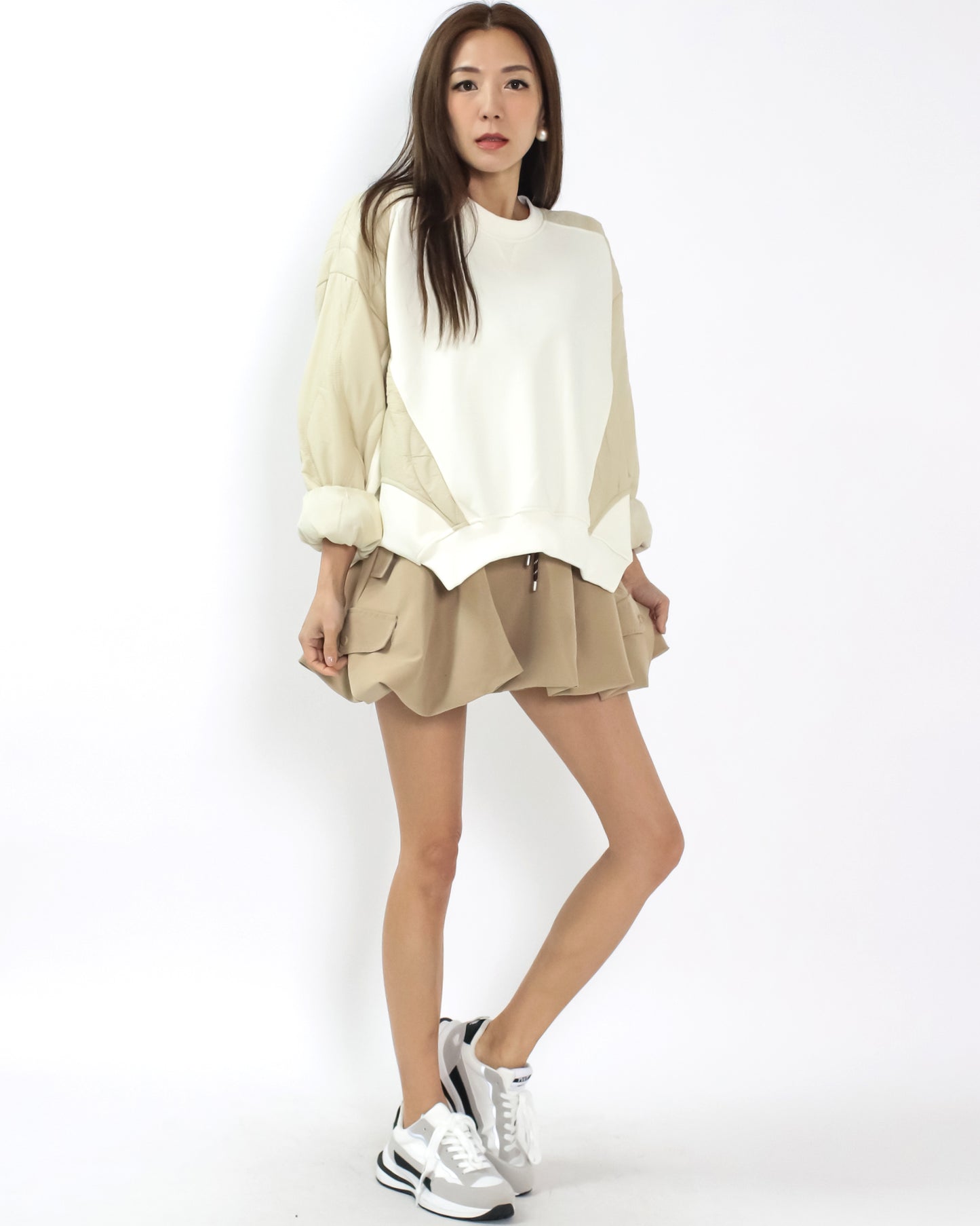 ivory w/ beige quilted asymmetric fleece sweatshirt *pre-order*