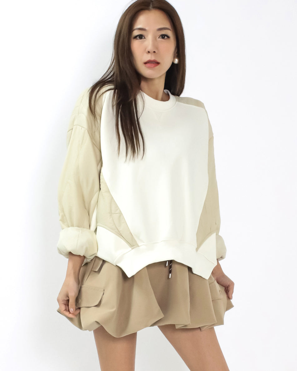 ivory w/ beige quilted asymmetric fleece sweatshirt *pre-order*