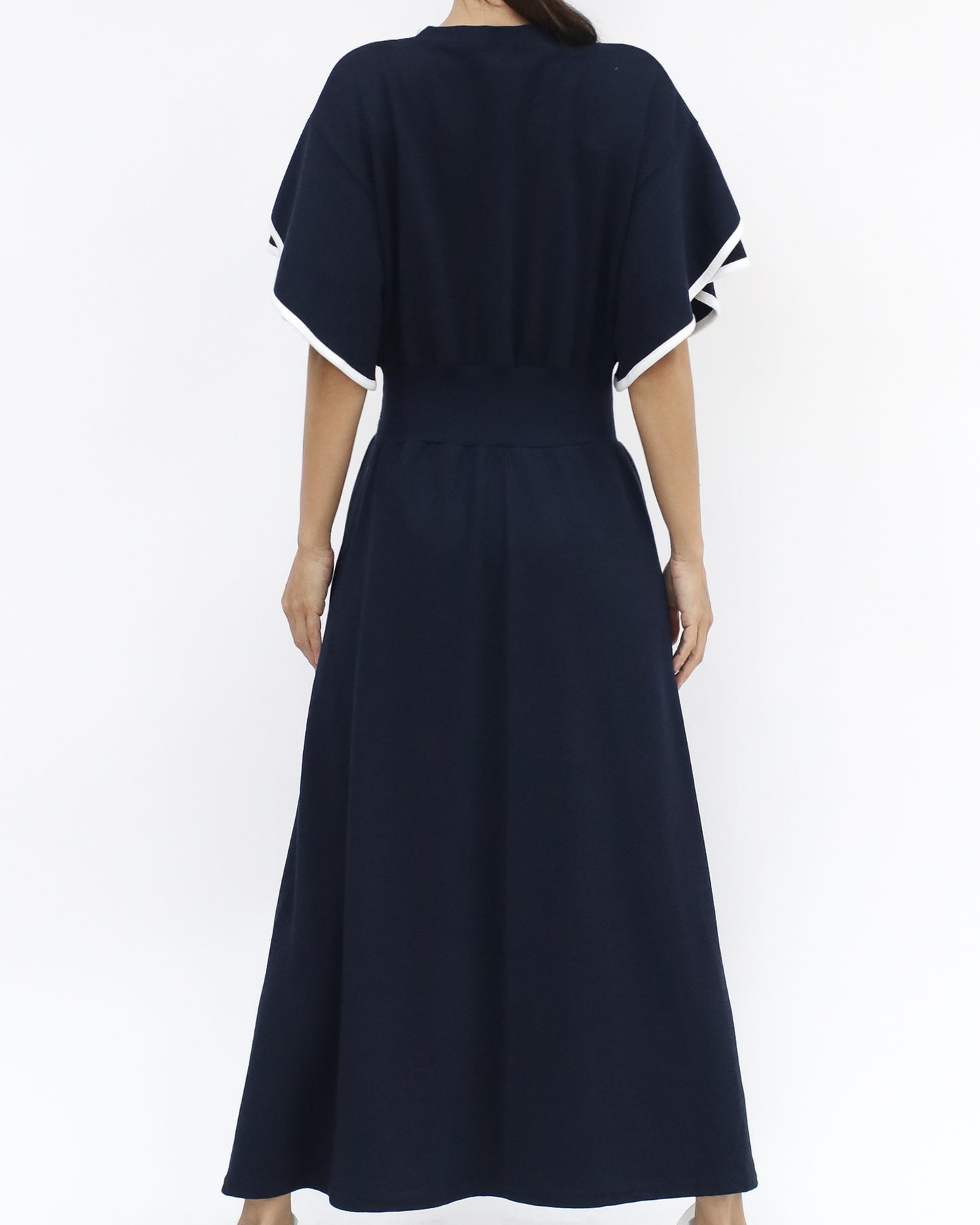navy & ivory trim ruffles layers sleeves longline dress