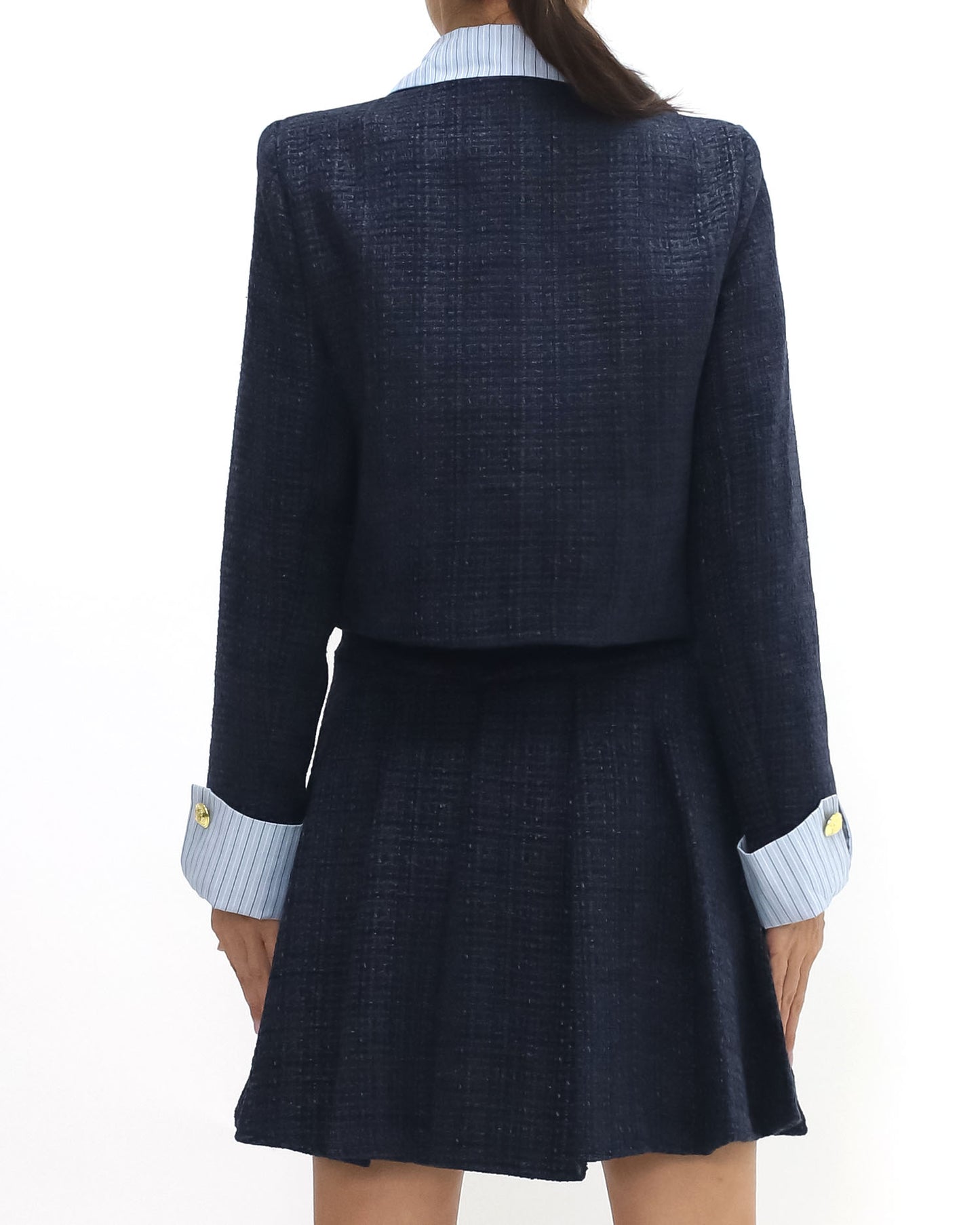 navy tweed blue stripes shirt collar & cuffs w/ pleats skirt set