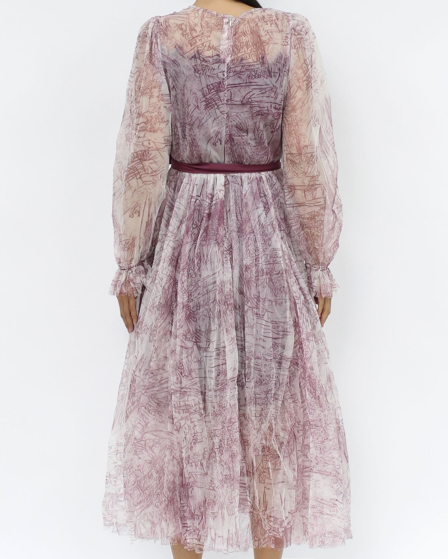 burgundy printed mesh layers dress w/ ribbon belt