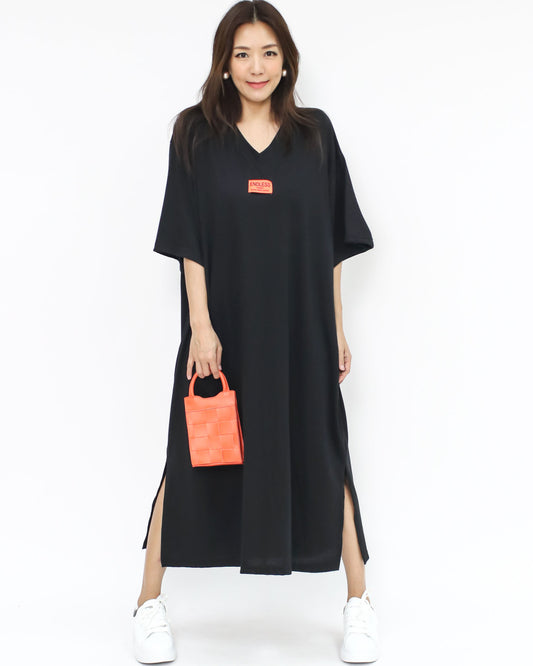 black tee longline dress w/ orange strap back