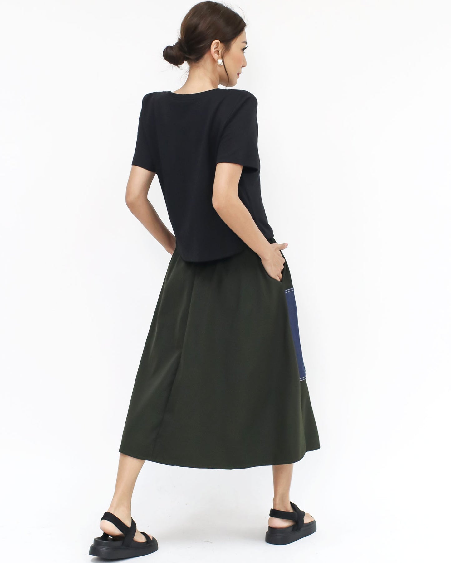 black tee w/ green & denim contrast dress