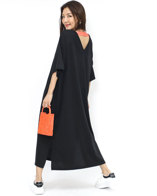 black tee longline dress w/ orange strap back