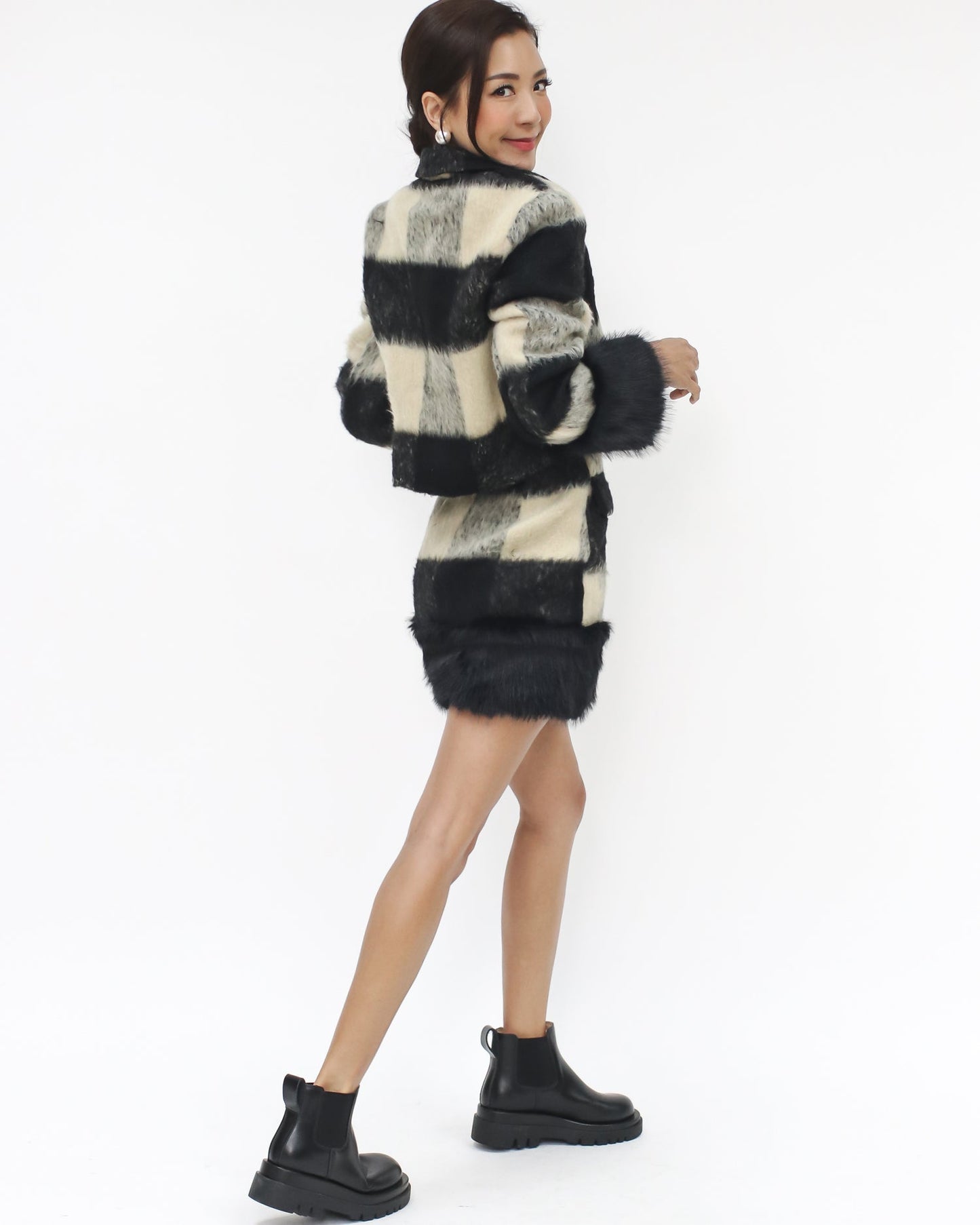 black & ivory checkers furry hem cropped jacket & skirt set - M