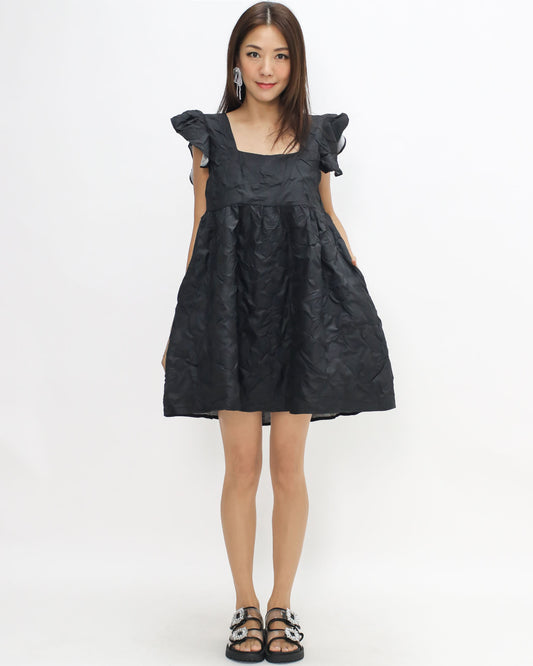 black texture ruffles flare dress