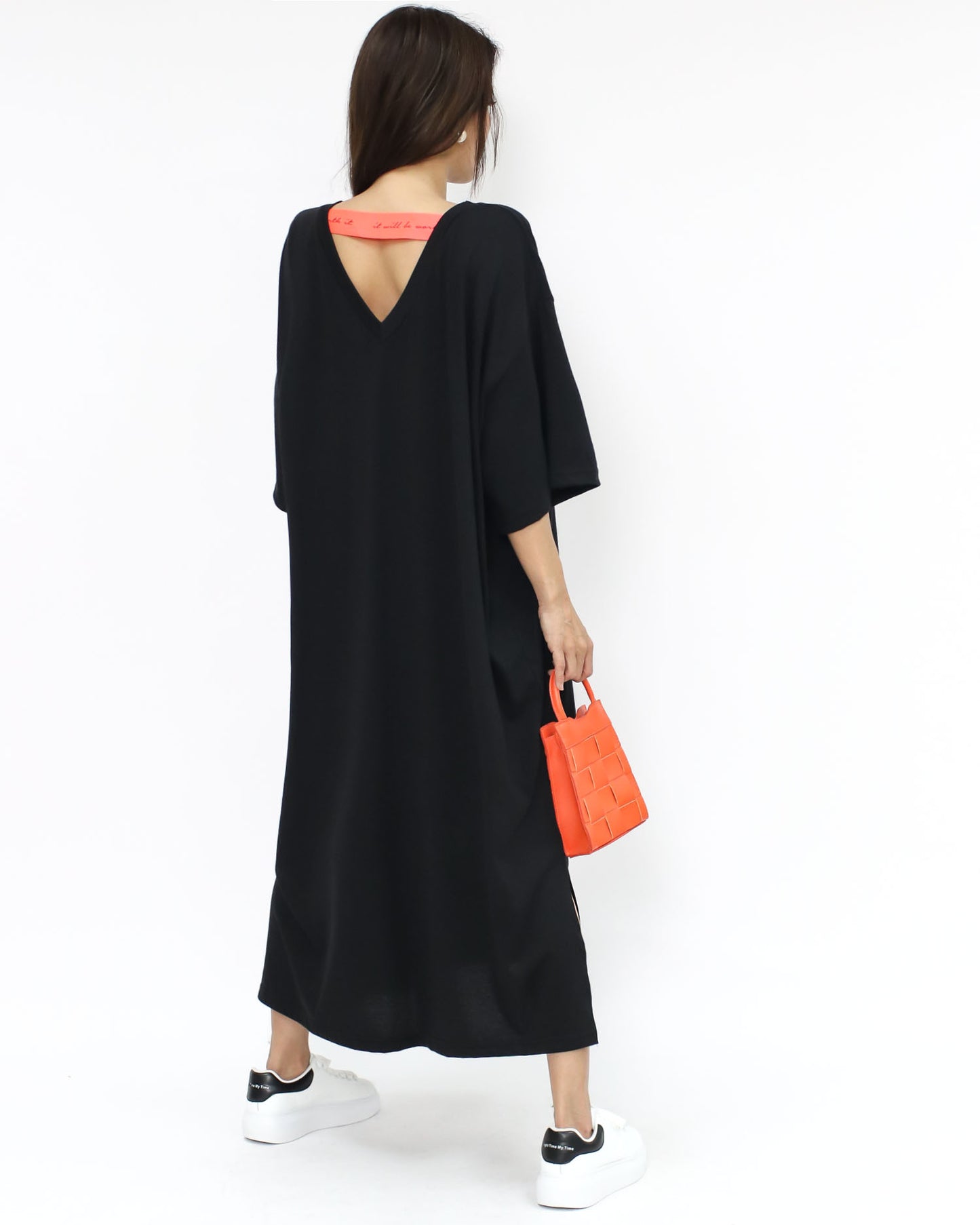 black tee longline dress w/ orange strap back *pre-order*