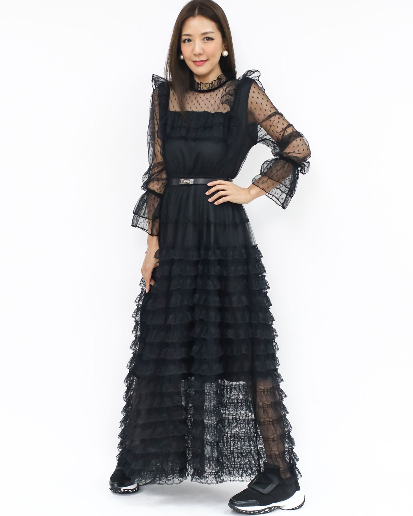 black mesh polka dots longline dress w/ ribbon belt