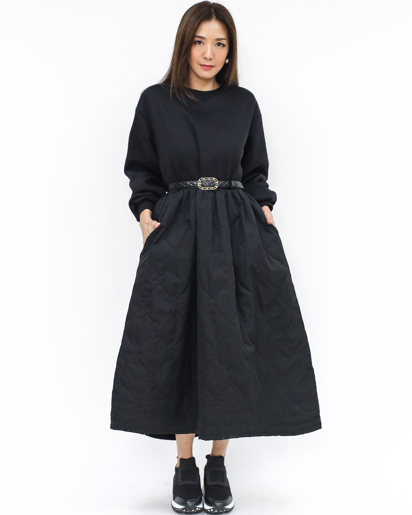 black fleece sweatshirt w/ quilted flare dress